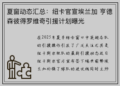 夏窗动态汇总：纽卡官宣埃兰加 亨德森彼得罗维奇引援计划曝光