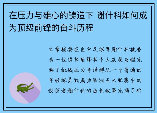 在压力与雄心的铸造下 谢什科如何成为顶级前锋的奋斗历程